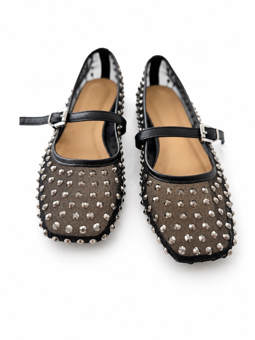 Studded Faux Leather Ballet Flats Square Toe Buckle Straps Brown/Black